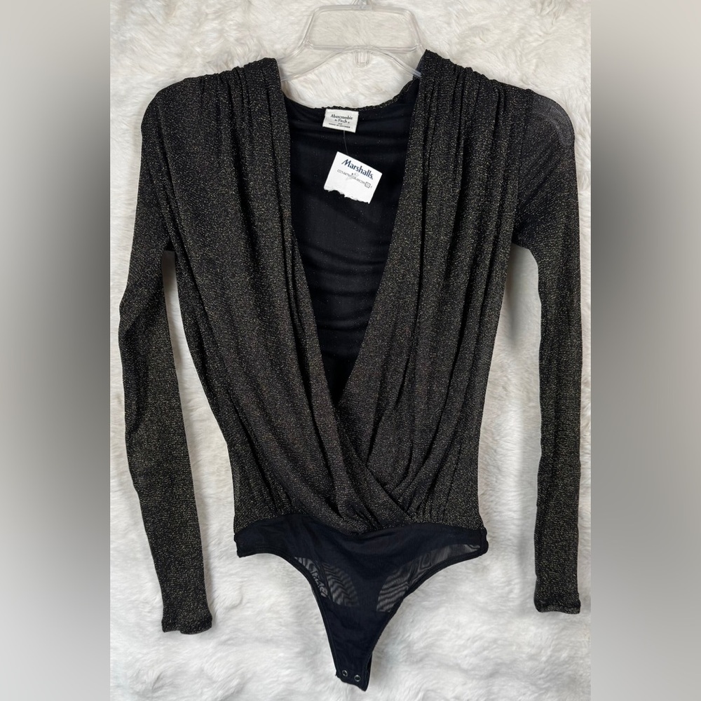 Abercrombie & Fitch Black Metallic Wrap-Front Long Sleeve Bodysuit